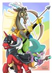  armor arrow beard big_macintosh_(mlp) bow clothed clothing discord_(mlp) dragon equine facial_hair feral friendship_is_magic fur green_eyes grey_fur group helmet hooves horse male mammal my_little_pony mysticalpha pony red_eyes smile spike_(mlp) staff 