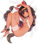  :o animal_ears ankle_cuffs armpits arms_up artist_name bandaged_leg bandages barefoot breasts brown_hair dark_skin dated full_body konbu_wakame long_hair looking_at_viewer lying on_side original red_eyes simple_background sketch small_breasts solo sweat tail very_long_hair white_background 