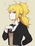  adjusting_clothes adjusting_necktie alternate_costume alternate_hairstyle bad_id bad_twitter_id beige_background blonde_hair butler formal gloves hair_up hands_on_own_chest high_ponytail highres long_hair looking_at_viewer messy_hair nagisa_(12363) necktie ponytail purple_eyes rwby solo suit white_neckwear yang_xiao_long 