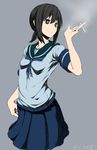  2015 arm_up bangs black_hair blouse blue_blouse blue_skirt breasts cigarette cowboy_shot dated fubuki_(kantai_collection) green_eyes grey_background hair_between_eyes highres holding holding_cigarette kantai_collection looking_to_the_side low_ponytail pleated_skirt school_uniform serafuku short_ponytail short_sleeves sidelocks simple_background skirt small_breasts smoke smoking solo tabiaki_(cosy_catastrophe) 