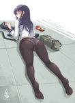  2016 artist_name ass bag bangs black_hair black_legwear blush food full_body green_eyes gun highres long_hair long_sleeves looking_at_viewer looking_back lying no_pants no_shoes nyan_(themare) on_stomach original panties panties_under_pantyhose pantyhose pocky rifle school_uniform serafuku solo timestamp underwear weapon 