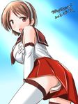  back blush breasts brown_eyes brown_hair detached_sleeves hairband hakama_skirt kantai_collection large_breasts looking_back natori_(kantai_collection) open_mouth panties school_uniform short_hair solo tatsumi_ray thighhighs underwear white_hairband white_legwear white_panties 