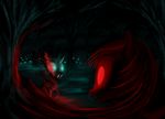  ambiguous_gender black_hair blue_eyes changeling darkness duo equine eyelashes fan_character fangs feral forest glowing glowing_eyes hair hooves horn konsumo mammal my_little_pony night open_mouth red_eyes red_hair swarm teeth tree 