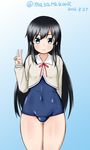  2016 adapted_costume asashio_(kantai_collection) black_hair blue_background blue_eyes dated eyebrows eyebrows_visible_through_hair gradient gradient_background jacket kantai_collection long_hair long_sleeves looking_at_viewer masara_(masalucky2010) navel neck_ribbon old_school_swimsuit one-piece_swimsuit red_ribbon remodel_(kantai_collection) ribbon school_swimsuit school_uniform simple_background smile solo swimsuit swimsuit_under_clothes twitter_username v 