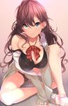  :3 black_bra blue_eyes blurry blush bow bra breasts brown_hair cleavage depth_of_field highres ichinose_shiki idolmaster idolmaster_cinderella_girls large_breasts long_hair looking_at_viewer naughty_face q_(ed69) school_uniform smile solo strap_slip underwear 