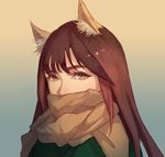  animal_ears bangs brown_eyes brown_hair cat_ears coat covered_mouth eyelashes gradient gradient_hair green_coat highres long_hair looking_at_viewer mao_mao_wansui multicolored_hair original scarf scarf_over_mouth sidelocks solo upper_body yellow_scarf 