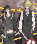  angry black_hair blonde_hair durarara!! heiwajima_shizuo jacket orihara_izaya pants red_eyes short_hair smile suit sunglasses tasuku weapon yellow_eyes 