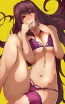  bikini blush breast_press breasts brown_hair fate/grand_order fate_(series) large_breasts lavender_hair lips long_hair looking_at_viewer lying navel on_back scathach_(fate)_(all) scathach_(swimsuit_assassin)_(fate) simple_background solo swimsuit thigh_strap tokiwa_midori_(kyokutou_funamushi) yellow_background 
