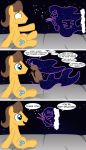  2018 badumsquish bashful caramel_(mlp) clothed clothing comic dialogue dream_walker duo english_text equine fan_character female floating freckles friendship_is_magic grin happy horse lacuna_(oc) male mammal my_little_pony open_mouth partial_nudity pony satyr scared shoulder_freckles sitting smile sparkles text topless 