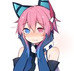  bad_id bad_twitter_id bare_shoulders blue_eyes blue_hair blush commentary_request elbow_gloves facial_mark full-face_blush gloves gradient_hair hair_between_eyes hair_ornament heterochromia holding_head mechanical_ears multicolored_hair muryotaro original phantasy_star phantasy_star_online_2 pink_eyes pink_hair short_hair sidelocks simple_background solo sweatdrop wavy_mouth white_background 