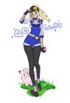  black_gloves blonde_hair blue_eyes breasts clefairy dark_skin female_protagonist_(pokemon_go) fingerless_gloves gen_1_pokemon gloves hat highres leggings long_hair looking_at_viewer medium_breasts nito_(siccarol) poke_ball pokemon pokemon_(creature) pokemon_go ponytail smile 