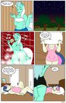  2016 anthro anthrofied bonbon_(mlp) breasts clothed clothing comic dekomaru dialogue duo earth_pony english_text equine female friendship_is_magic fur green_fur green_hair green_nipples hair horn horse lyra_heartstrings_(mlp) mammal my_little_pony navel nipples nude pony pussy showering tan_fur text thehotroom tree tube_top unicorn unicorn_horn 