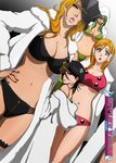  4girls arrancar black_hair bleach blonde_hair blue_eyes breasts brown_eyes espada eyes_closed fur_coat green_hair hair_ornament hand_on_hips hat headphones hollow inoue_orihime kubo_taito kuchiki_rukia large_breasts long_hair looking_at_viewer matsumoto_rangiku mole multiple_girls navel nelliel_tu_odelschwanck nipples no_bra nude_filter orange_hair panties photoshop short_hair standing topless underwear 