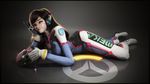  3d bangs black_border bodysuit border breasts brown_eyes brown_hair charm_(object) clothes_writing d.va_(overwatch) emblem facepaint facial_mark finger_on_trigger full_body gloves glowing glowing_weapon graxious_art grey_background gun handgun head_rest headphones highres light_smile logo long_hair looking_at_viewer lying medium_breasts on_stomach overwatch pilot_suit pistol reflective_floor solo swept_bangs v wallpaper weapon whisker_markings white_gloves 