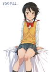  bad_id bad_pixiv_id black_hair blush bow bowtie brown_eyes hair_ribbon highres kimi_no_na_wa looking_at_viewer miyamizu_mitsuha on_bed pleated_skirt puma_(hyuma1219) red_bow red_neckwear ribbon school_uniform sitting sitting_on_bed skirt socks solo sweater_vest text_focus thighs 