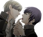  black_hair couple grey_eyes grey_hair hand_holding ichijou_kou persona_4 seifuku seta_souji short_hair tongue yaoi 