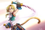  5_fingers armpits blonde_hair blue_eyes clothed clothing final_fantasy final_fantasy_ix fur genome hair holding_object holding_weapon male mammal melee_weapon moenkin monkey polearm primate simple_background slim smile solo square_enix sword tan_fur video_games weapon white_background zidane_tribal 