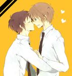  blush brown_eyes brown_hair couple heart hug koizumi_itsuki kyon seifuku short_hair the_melancholy_of_haruhi_suzumiya tie yaoi 