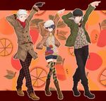  angry aragaki_shinjirou arisato_minato black_hair blue_eyes boots brown_eyes brown_hair flower gloves grey_hair group hat jacket pants persona_3 sanada_akihiko scarf shorts smile sweatdrop thighhighs 