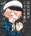  1boy bandage blonde_hair blush bowtie child collared_shirt crushing eyes_closed hat male_focus miza-sore oliver_(vocaloid) open_mouth sailor_hat simple_background smile solo translated upper_body vocaloid 