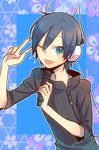  blue_eyes blue_hair devil_survivor happy headphones microphone short_hair wink yoshida_sei_(artist) 