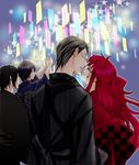  ahoge black_hair ciel_phantomhive couple crossdressing glasses grell_sutcliffe group holiday japanese_clothes kiss kuroshitsuji long_hair red_hair sebastian_michaelis short_hair smile stars william_t_spears yaoi 