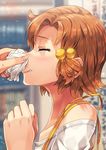  ahoge bare_shoulders blowing_nose blush brown_hair closed_eyes hair_bobbles hair_ornament highres idolmaster idolmaster_million_live! narumi_arata profile short_hair solo_focus sweat tissue upper_body yabuki_kana 