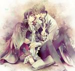  black_hair brown_eyes brown_hair butterfly cape code_geass couple flower grey_eyes hug kururugi_suzaku lelouch_lamperouge pants short_hair suit uniform yaoi 