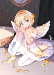  ballerina ballet_slippers bare_shoulders blonde_hair blue_eyes breasts cleavage dress flower hair_flower hair_ornament highres jitter medium_breasts original pantyhose rose short_hair sitting solo stenciled_rose wings 