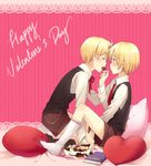  america axis_powers_hetalia blonde_hair blush book canada couple eating heart ribbon short_hair shorts sweets tie valentine yaoi 
