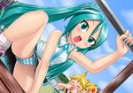  2girls =_= akita_neru angry aqua_eyes aqua_hair aqua_nails blonde_hair blood blush day hatsune_miku highres kagamine_len kazu-chan long_hair multiple_girls nail_polish nosebleed outdoors panties pantyshot petite shaded_face smile underwear very_long_hair vocaloid younger 