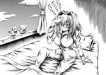  1girl :3 bed bed_sheet bird breasts cat_pillow cloud comic curtains fever greyscale hair_down hair_intakes hidefu_kitayan himekaidou_hatate himekaidou_hatate_(crow) izayoi_sakuya jitome large_breasts looking_at_viewer monochrome mouth_hold pajamas pillow shameimaru_aya shameimaru_aya_(crow) short_hair silent_comic sitting sky thermometer touhou traditional_media wall window |_| 