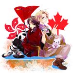  &amp;colon;3 ahoge animal axis_powers_hetalia blonde_hair brown_hair canada chinese_clothes flag glasses hong_kong jacket kumajirou pants purple_eyes short_hair stars tongue wink yellow_eyes 