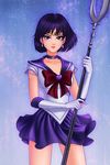  bishoujo_senshi_sailor_moon brittany_fuerst choker circlet earrings gloves holding holding_spear holding_weapon jewelry makeup miniskirt polearm purple_eyes purple_sailor_collar sailor_collar sailor_saturn sailor_senshi_uniform short_hair silence_glaive skirt solo spear staff star star_choker tomoe_hotaru weapon white_gloves 