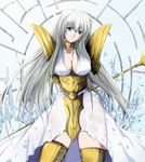  armor armored_dress arms_behind_back blue_eyes breasts cleavage collar collarbone dress highres holding large_breasts long_hair mable saint_seiya saint_seiya:_the_lost_canvas sasha_(saint_seiya:_the_lost_canvas) silver_hair smile solo staff wet wet_clothes wet_dress white_dress 