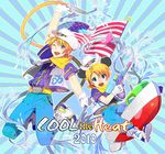  ahoge america axis_powers_hetalia blonde_hair blue_eyes boat boots child cowboy gloves gun happy hat nezumi_mimi pants scarf water wink 