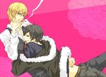  black_hair blonde_hair cigarette durarara!! heiwajima_shizuo hug jacket orihara_izaya pants red_eyes ribbon short_hair smile suit sunglasses yaoi 