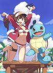  arms_up axew baseball_cap beach blue_eyes blue_sky brown_hair cloud coat day female_protagonist_(pokemon_go) gen_1_pokemon gen_5_pokemon gen_7_pokemon hat highres hikari_(pokemon) holding holding_eyewear iris_(pokemon) jacket jacket_over_swimsuit jumping long_hair mizuki_(pokemon) multiple_girls open_clothes open_jacket outdoors outstretched_wrists palm_tree poke_ball_theme pokemon pokemon_(creature) pokemon_(game) pokemon_bw pokemon_dppt pokemon_go pokemon_platinum pokemon_sm ponytail rowlet sidelocks sky solo_focus squirtle sunglasses swimsuit tetsuo_(amenohutikoma) tree winter_clothes 