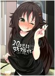  ;p alcohol black_shirt blush breasts brown_hair clothes_writing cup drinking_glass drunk green_eyes hair_between_eyes hair_ornament hairclip head_tilt himekawa_yuki idolmaster idolmaster_cinderella_girls large_breasts long_hair looking_at_viewer one_eye_closed rakkogawa_rinro shirt short_sleeves smile solo tongue tongue_out translation_request v 