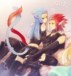  axel bed blue_hair blush boots cat_ears choker couple gloves grey_eyes heart jewelry kingdom_hearts long_hair red_hair saix short_hair shorts smile sweatdrop tail tattoo thighhighs yaoi yellow_eyes 