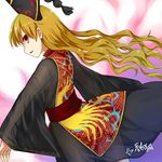  :d back black_hat blonde_hair character_name chinese_clothes hat junko_(touhou) long_hair looking_at_viewer looking_back monrooru open_mouth red_eyes sash see-through smile solo tabard touhou v-shaped_eyebrows very_long_hair wavy_hair wide_sleeves 