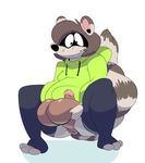 2016 anthro anus balls big_balls butt clothed clothing fur goonsey goonsey_(artist) hair huge_balls humanoid_penis legwear male mammal open_mouth penis raccoon simple_background sitting solo sweat sweatdrop sweater thigh_highs 