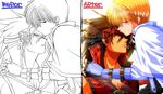  blonde_hair blush brown_eyes brown_hair cape couple gloves guilty_gear kiss ky_kiske long_hair short_hair sketch sol_badguy uniform yaoi 