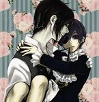  black_hair blue_eyes ciel_phantomhive couple flower gloves hug jewelry kuroshitsuji ribbon sebastian_michaelis short_hair shota suit yaoi 