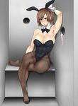  after_fellatio animal_ears arm_up armpits bare_shoulders blush bow bowtie breasts brown_eyes brown_hair brown_legwear bunny_day bunny_ears bunny_girl bunnysuit commentary_request cum cum_in_mouth detached_collar fake_animal_ears full_body glory_hole hairband kazama_asuka large_breasts no_shoes pantyhose prostitution short_hair sitting solo tekken thick_thighs thighband_pantyhose thighs tomliat toned wrist_cuffs 