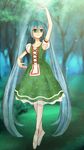  alternate_costume aqua_eyes aqua_hair arm_up ballet ballet_slippers bare_arms dress forest gere_(gere2500) giselle_(ballet) green_dress hatsune_miku long_hair looking_up nature pantyhose port_de_bras smile solo twintails very_long_hair vocaloid 