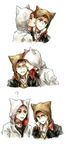  ? alex_mercer ameyoshi-kun anger_vein animal_ears annoyed assassin's_creed_(series) cat_ears cheek_licking collar commentary_request crossover desmond_miles dog_collar face_licking highres hood hooded_jacket jacket licking male_focus multiple_boys prototype_(game) sweatdrop tongue 