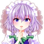  bad_id bad_pixiv_id bangs blue_eyes blush bow braid chako_(chakoxxx) eyebrows eyebrows_visible_through_hair finger_to_mouth green_bow hair_bow highres index_finger_raised izayoi_sakuya looking_at_viewer maid_headdress parted_lips silver_hair smile solo touhou twin_braids upper_body 