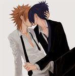  black_hair brown_hair couple katekyou_hitman_reborn kiss rokudou_mukuro sawada_tsunayoshi short_hair suit tie yaoi 