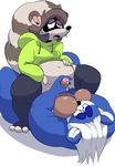  2016 ball_nuzzling balls belly big_balls clothing goonsey goonsey_(artist) hair huge_balls humanoid_penis legwear mammal mustelid otter penis precum raccoon sweat sweatdrop sweater thigh_highs zaineotter 